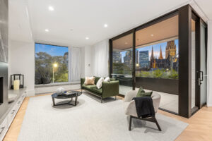 Living room apartment with city views at Albert Street